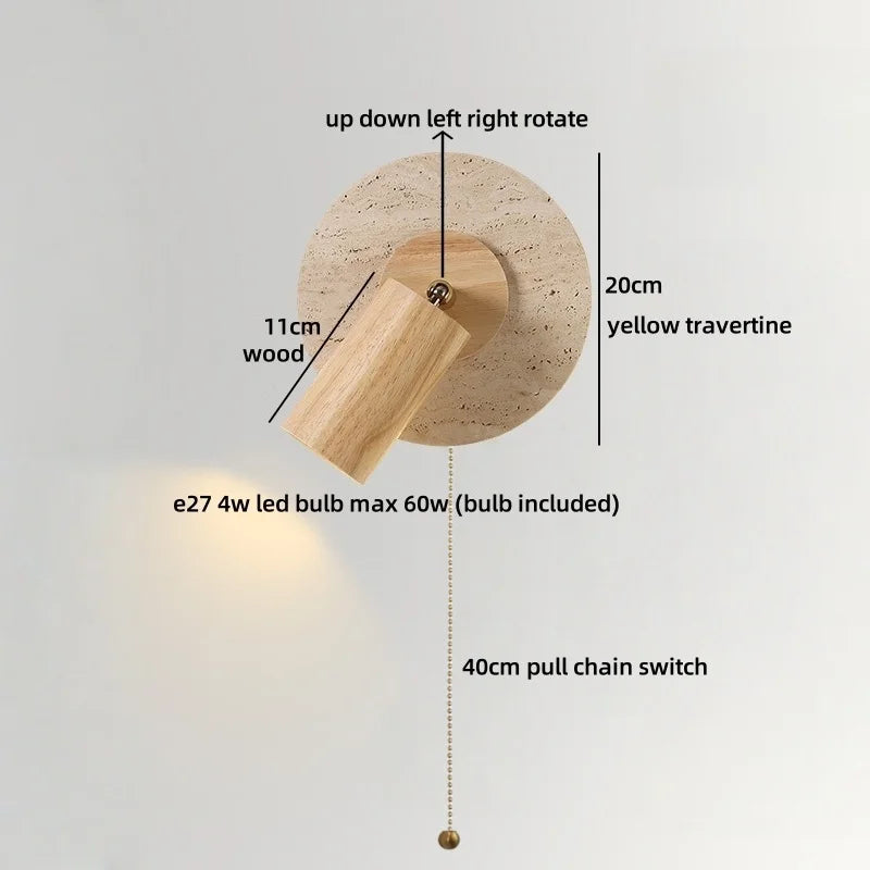 Axyaa Wabi Sabi LED Wall Lamp Yellow Travertine Wood Lampshade, Bathroom Mirror Light