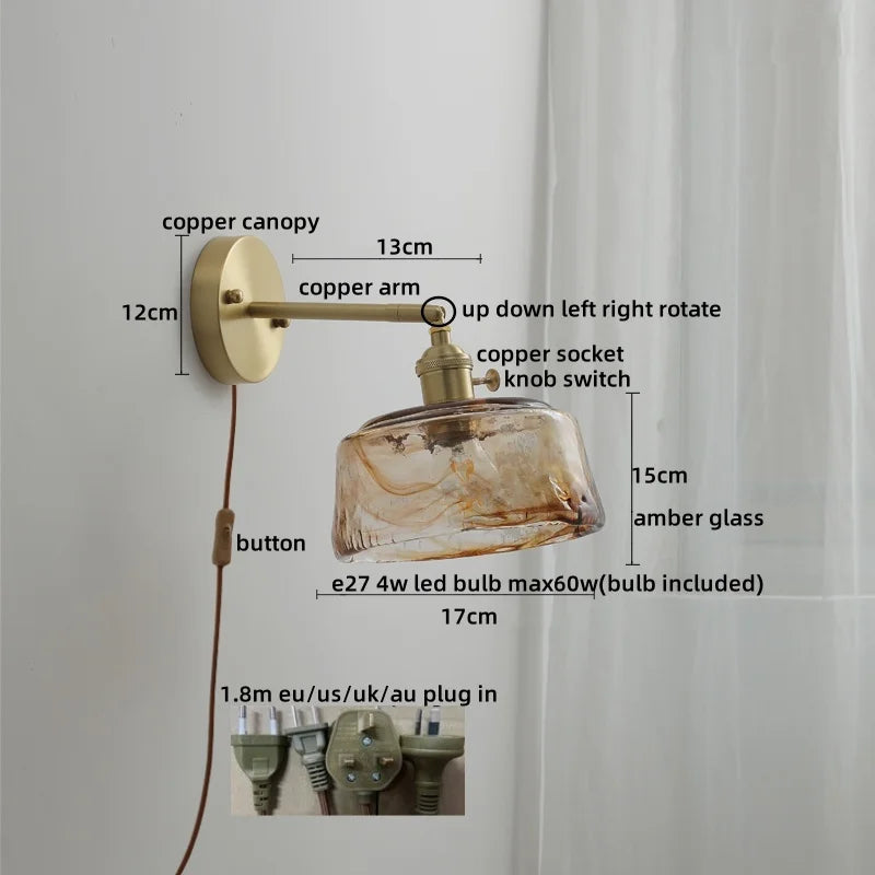 Axyaa Nordic Glass Copper Wall Sconce LED Light Fixture for Home Decor