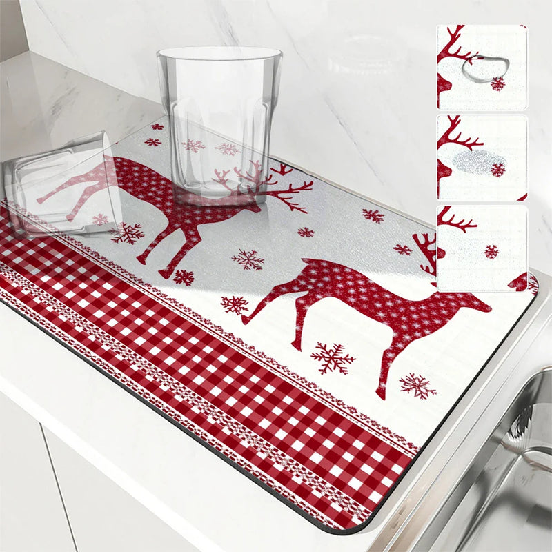 Axyaa Christmas Snowflake Dish Mat: Absorbent, Anti-slip, Quick Dry, Draining Mat