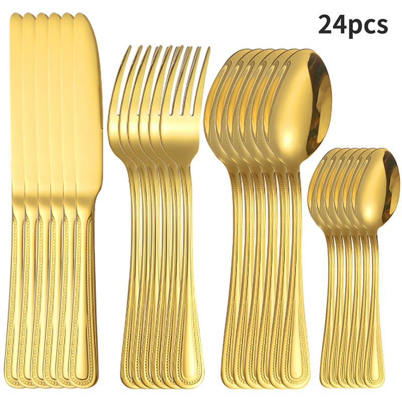 Axyaa Gold Stainless Steel Tableware Set - Knife, Fork, Spoon - 4/6/16/24pcs