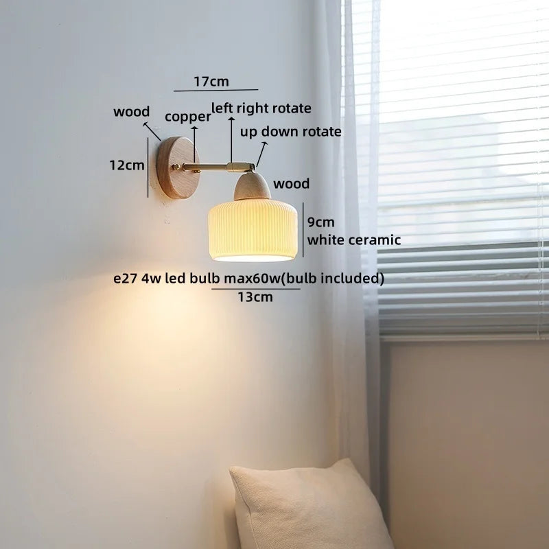 Axyaa White Ceramic LED Wall Sconce – Wooden Socket Stair Wall Light