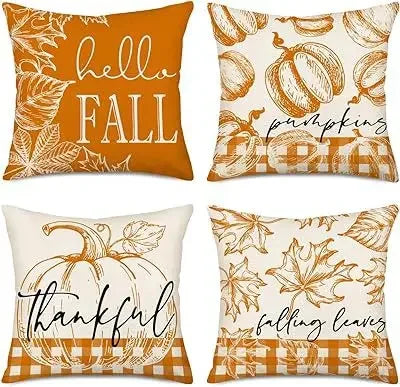 Axyaa Buffalo Check Print Linen Pillow Cover 45x45 for Fall Thanksgiving Decor