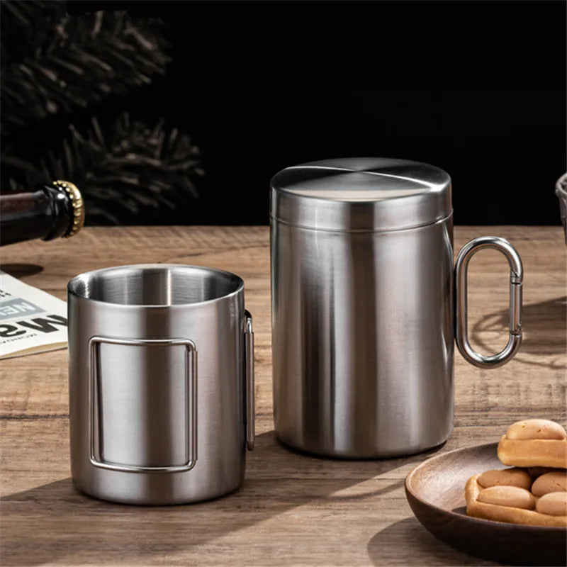 Axyaa Stainless Steel Portable Beer Mug with Lid & Foldable Handle