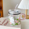 Axyaa Glass Cup with Lid and Straw, 600ml Cute Flower Design Mug