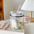 Axyaa Kawaii Animal Glass Cup With Lid and Straw, 600ml