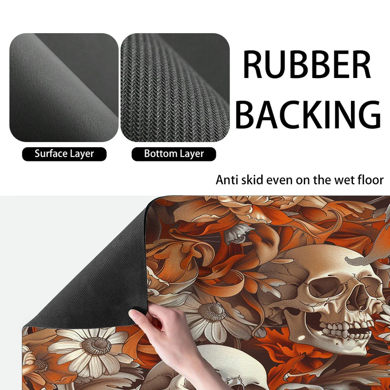 Axyaa Halloween Flower Skull Drying Mat: Non-Slip Absorbent Kitchen Placemat