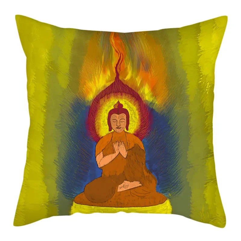 Axyaa Buddha Statue Polyester Cushion Cover for Home Sofa Decor