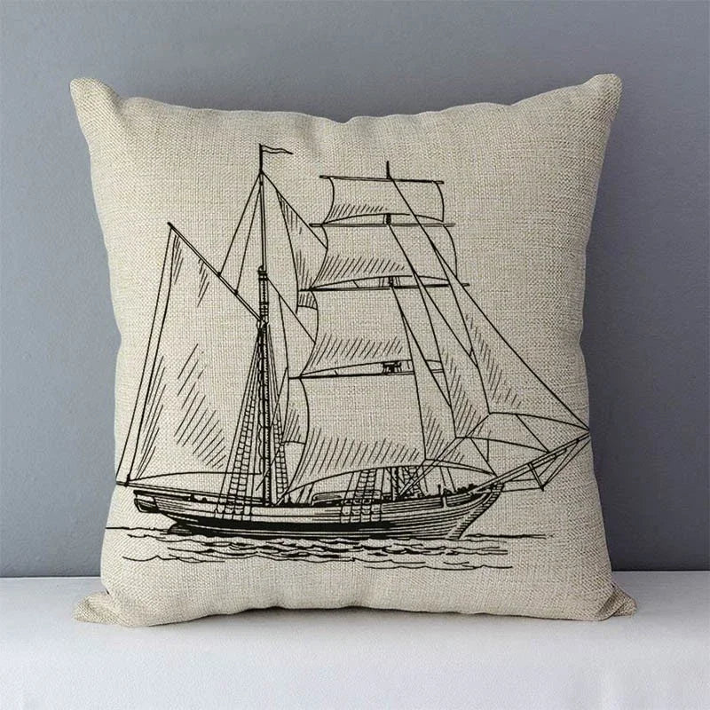 Navy Blue Mediterranean Print Linen Cushion Cover by Axyaa - 45x45cm