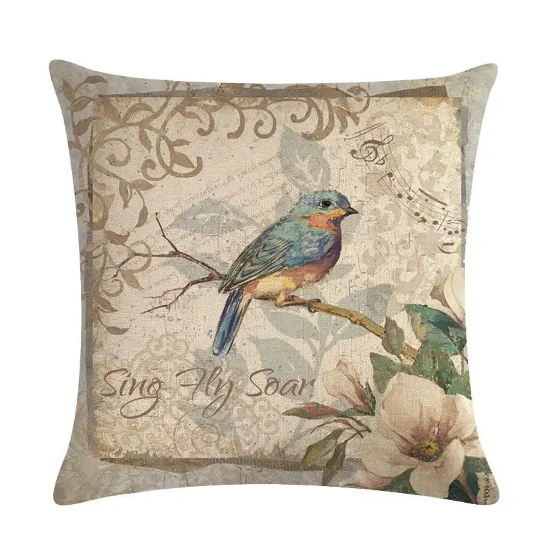 Axyaa Retro Bird Branch Linen Pillow Cover for Home Decor and Comfort