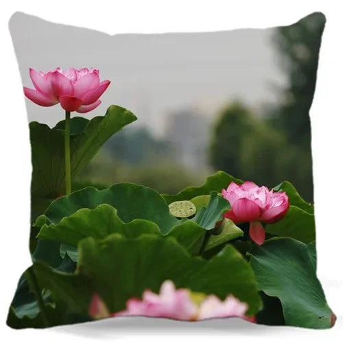 Pink White Lotus Pattern Square Cushion Cover 45X45CM by Axyaa