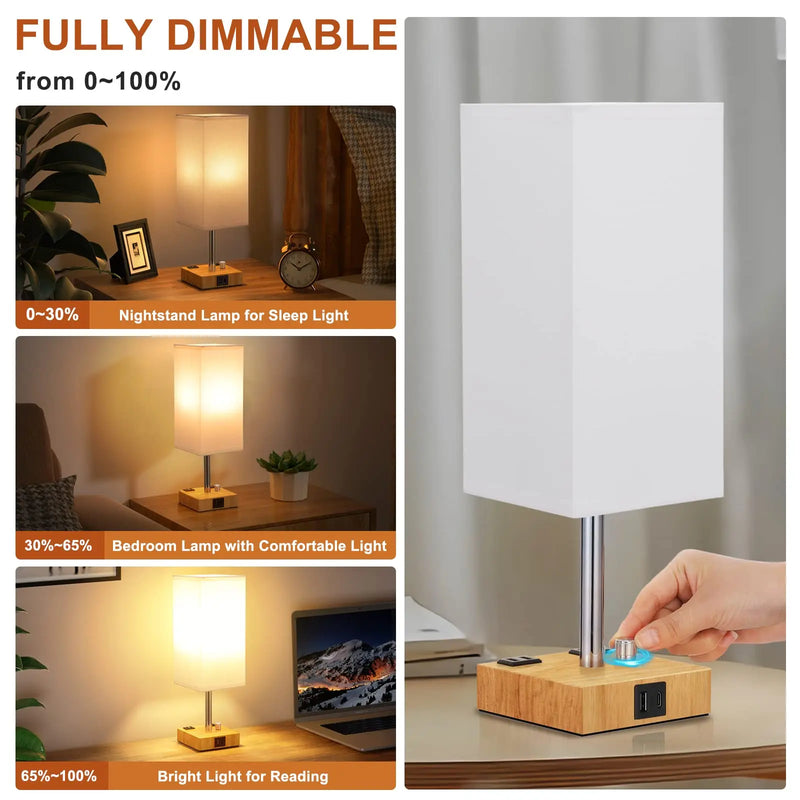 Axyaa USB-C+A Charging Ports Dimmable Bedside Lamp White Lampshade