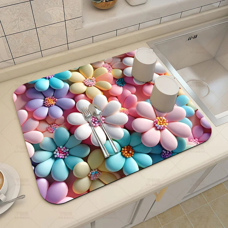 Axyaa 3D Visual Effect Drain Mat - Absorbent, Non-Slip, Anti-Mildew Kitchen Tableware Mat