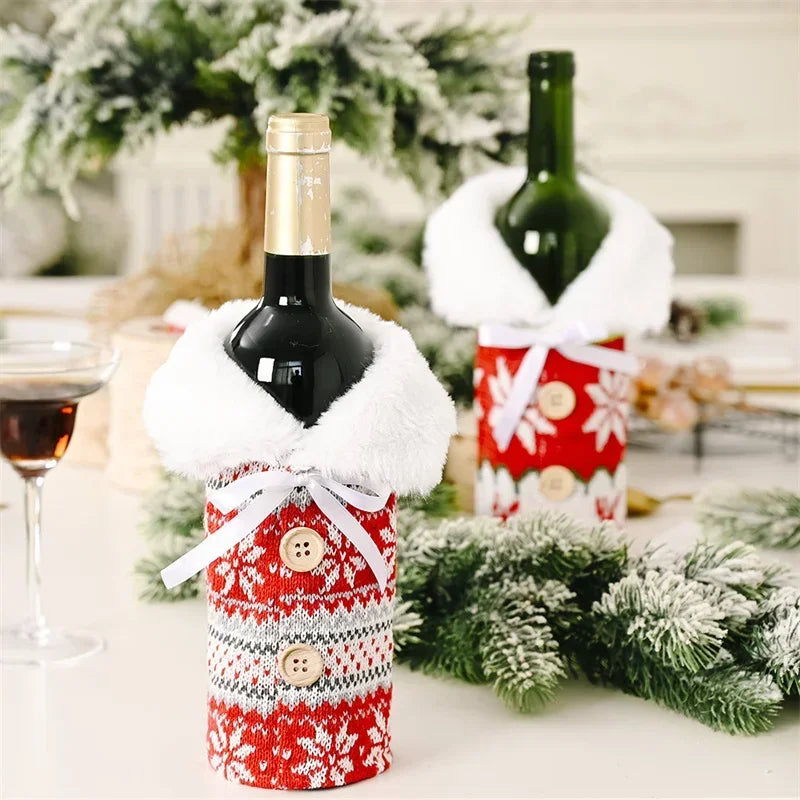 Knitted Red Sweater Christmas Bottle Bag Snowflake Xmas New Year Gift Ornaments