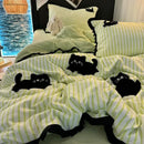 Axyaa Green Stripe Black Cat Embroidery Cotton Duvet Cover Set