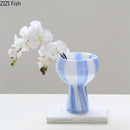 Axyaa Blue White Striped Glass Vase for Artistic Flowers and Home Decor