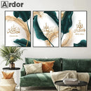 Axyaa Allahu Akbar Islamic Calligraphy Green Gold Feather Canvas Wall Art Muslim Decor