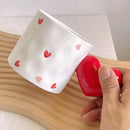 Axyaa Polka Dot Handle Ceramic Mug Set in White & Red, Irregular Design