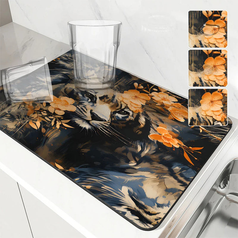Axyaa Tiger Plant Flowers Drying Mat: Non-Slip Absorbent Tableware Mat