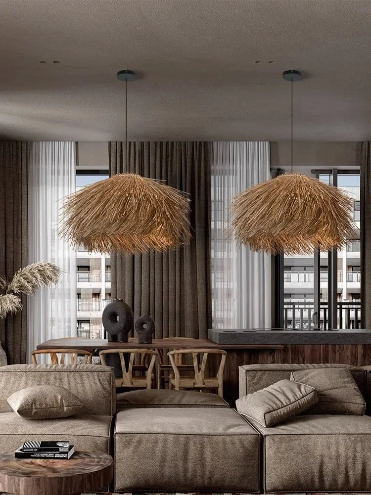 Axyaa Wabi Sabi Retro LED Pendant Lights - Hand Woven Rattan Chandelier