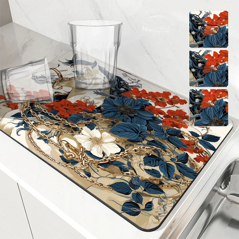 Axyaa Flower Print Drying Mat: Absorbent, Anti-Slip Placemat for Table Cups