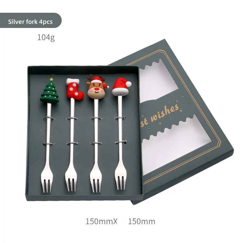 Axyaa Christmas Cutlery Set: Spoon, Fork, Elk Tree Decoration, Dessert Scoop