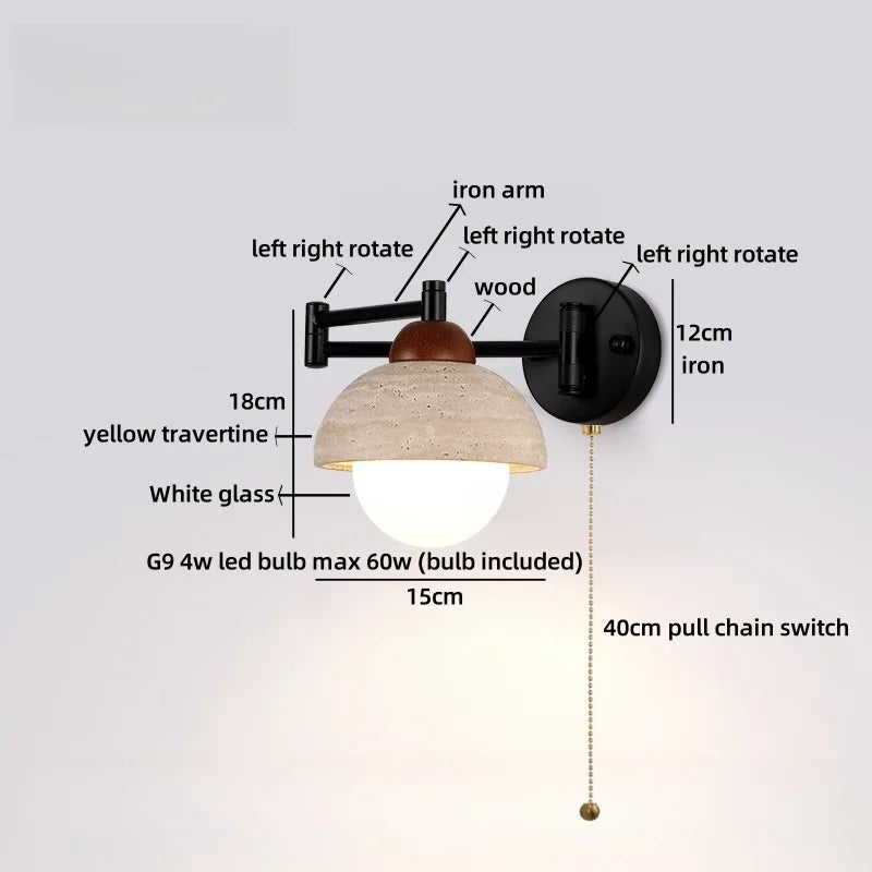 Axyaa Wabi Sabi LED Wall Lamp Sconce Black Iron Arm Yellow Travertine Stair Light