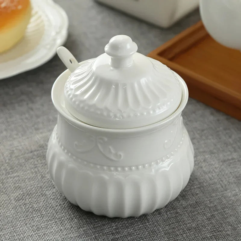 Axya Embossed Leaf Pattern White Ceramic Coffee Teapot Set