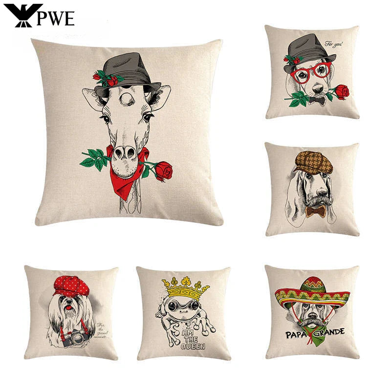 Axyaa Cartoon Animal Flax Cushion Cover for Sofa - Fashionable and Fun Design