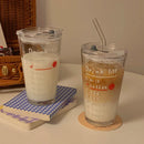 Axyaa Cute Korean Glass Water Bottle with Straw, Lid: 480ml Breakfast Glass Cups