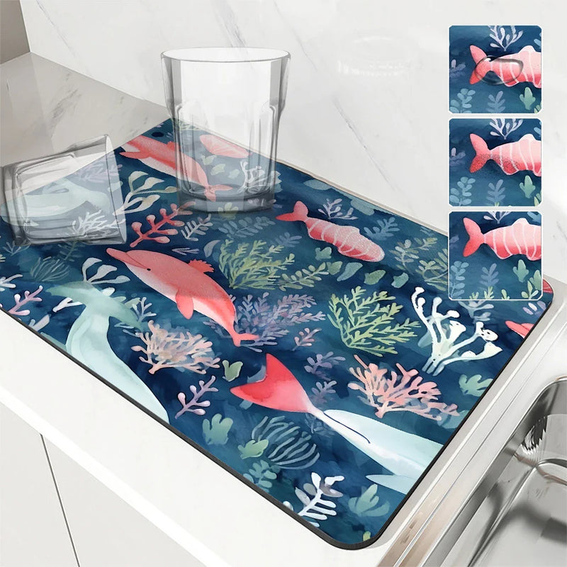 Axyaa Marine Whales Desk Drain Pad, Heat Resistant Non-slip Kitchen Drying Mat