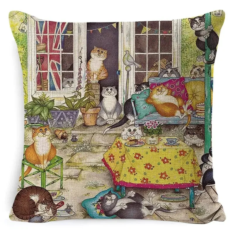 Cute Cat Pattern Linen Cushion Cover by Axyaa for Home Decor