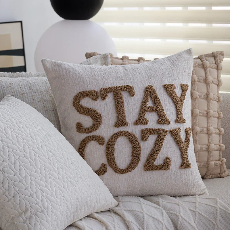 Chenille Embroidered Cushion Cover 18"x18" for Living Room Sofa, Axyaa Beige Pillowcase