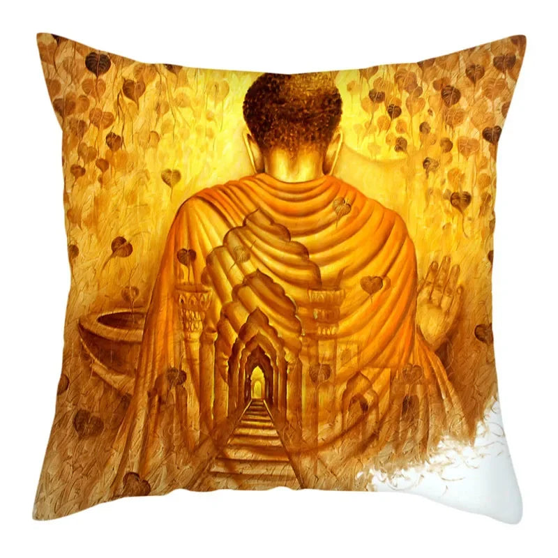 Axyaa Buddha Statue Polyester Cushion Cover for Home Sofa Decor