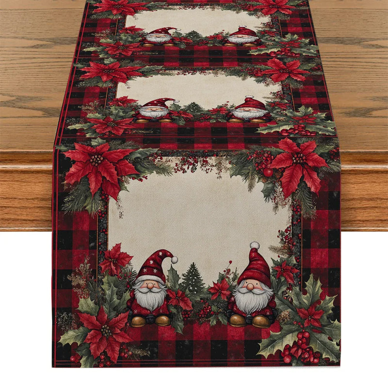 Axyaa Christmas Dwarf Gift Table Runner Holly Poinsettia Farmhouse Decor