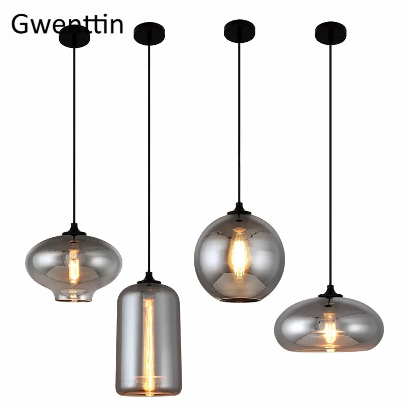 Axyaa Nordic Smoky Gray Glass Pendant Lights LED E27 Industrial Hanging Lamp