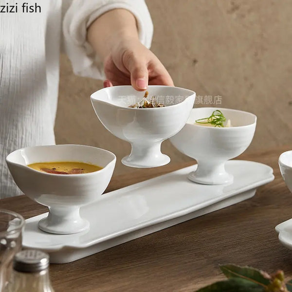 Axya Irregular High Foot Ceramic Bowl Set for Desserts, Snacks, and Sushi