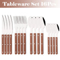 Axyaa Stainless Steel Wooden Handle Cutlery Set - 16Pcs Flatware Steak Knife Fork Spoon