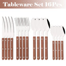 Axyaa Stainless Steel Wooden Handle Cutlery Set - 16Pcs Flatware Steak Knife Fork Spoon