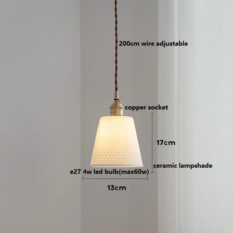Axyaa White Ceramic LED Pendant Light with Wood Handle - Bedroom Living Room Lamp