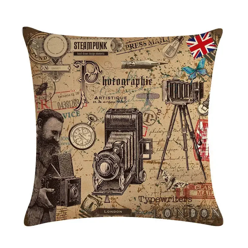 Axyaa Retro Typewriter Camera Linen Pillow Cover 45x45cm