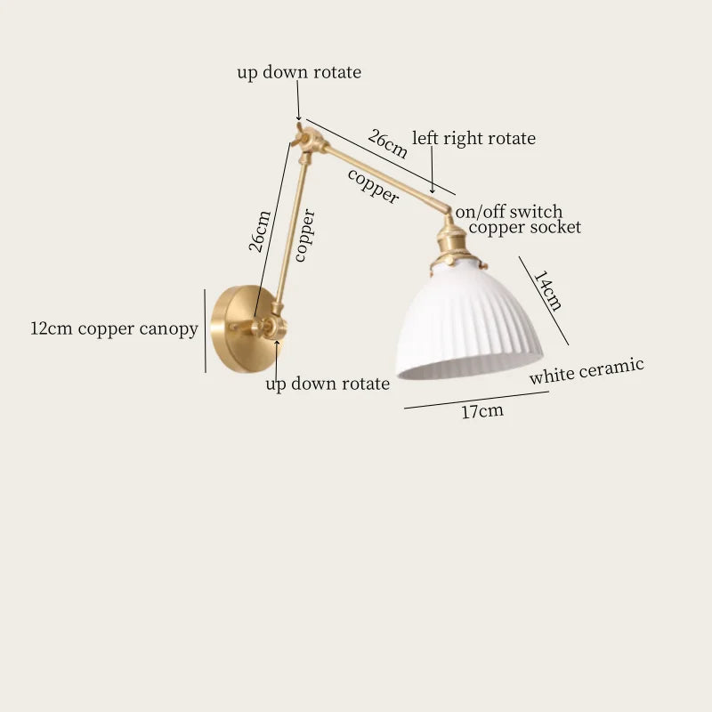Axyaa Ceramic LED Wall Lamp Pull Chain Switch Nordic Copper Wandlamp