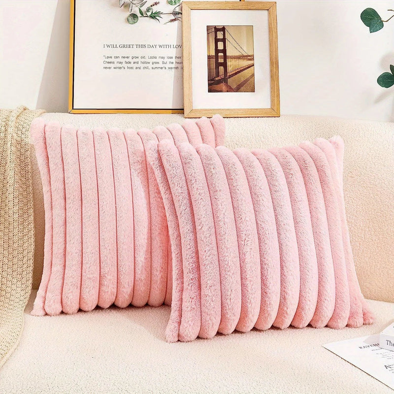 Axyaa Pink Striped Faux Fur Cushion Cover 18x18in for Home Decor