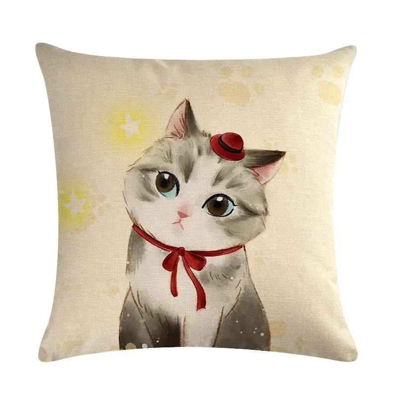 Axyaa Cartoon Cat Linen Pillow Cover for Leisure Sofa Chair Decor 45*45cm