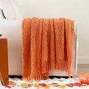 Axyaa Orange Knit Throw Blanket with Tassels - Lightweight & Decorative Fall Plaid Blanket