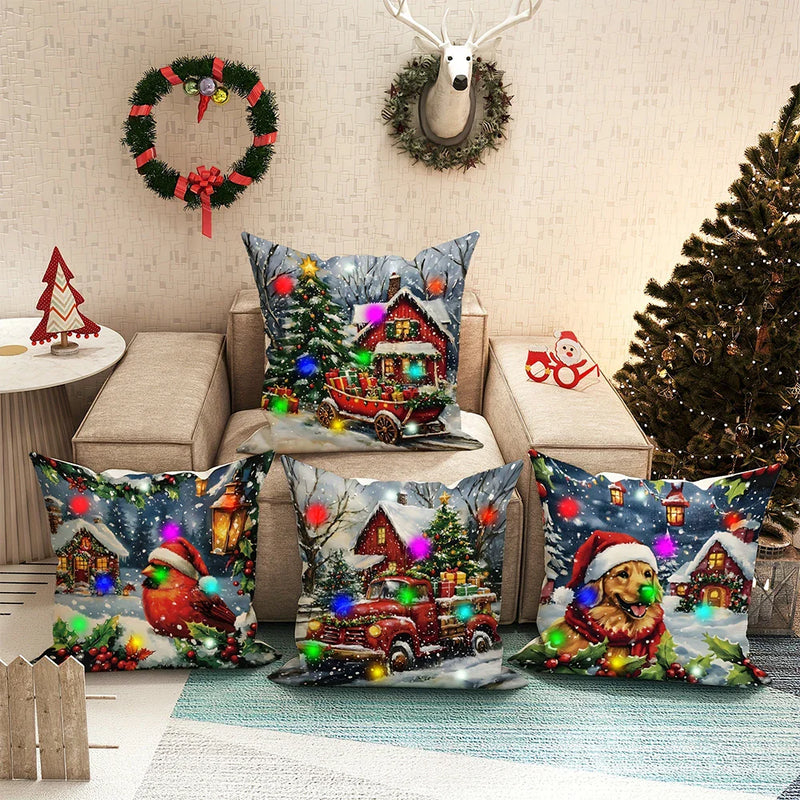 Axyaa LED Light Luminous Pillowcase with Festive Truck Christmas Tree Design