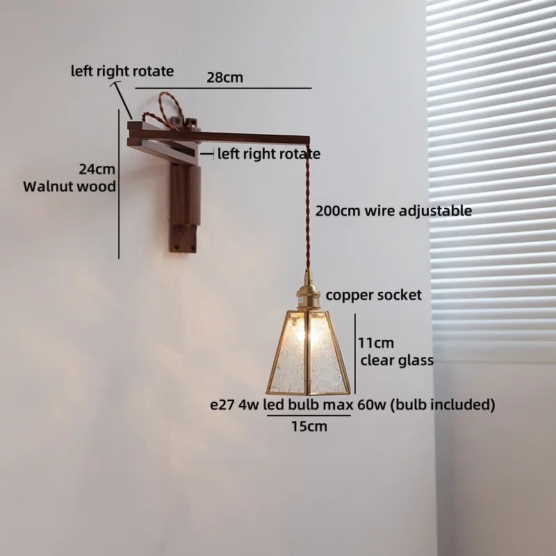 Axyaa Clear Glass LED Wall Sconce with Arm, Black Walnut Wood Stair Light