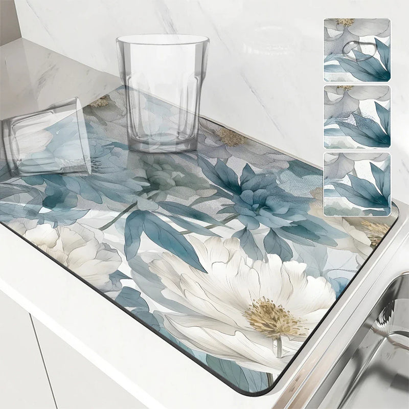Watercolor Flower Drying Mat for Kitchen and Bathroom by Axyaa