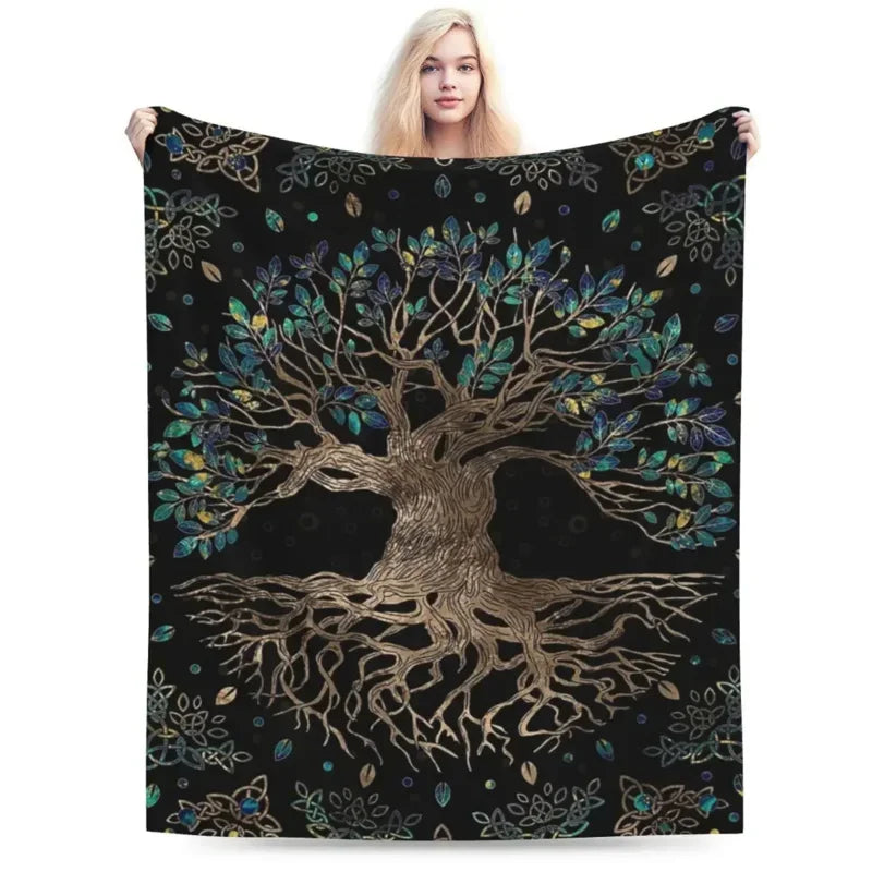 Axyaa Tree Of Life Golden Marble Flannel Throw Blanket