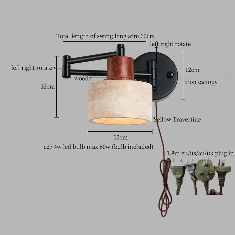 Axyaa Nordic Minimalism LED Wall Sconce Yellow Travertine Pull Chain Switch