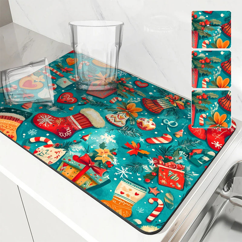 Christmas Gloves Snowflake Drying Mat by Axyaa: Non-Slip Absorbent Table Mat